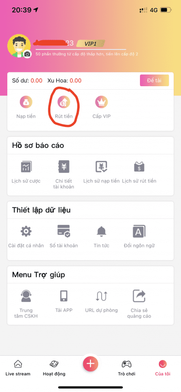 Giao diện rút tiền tại 567 Live